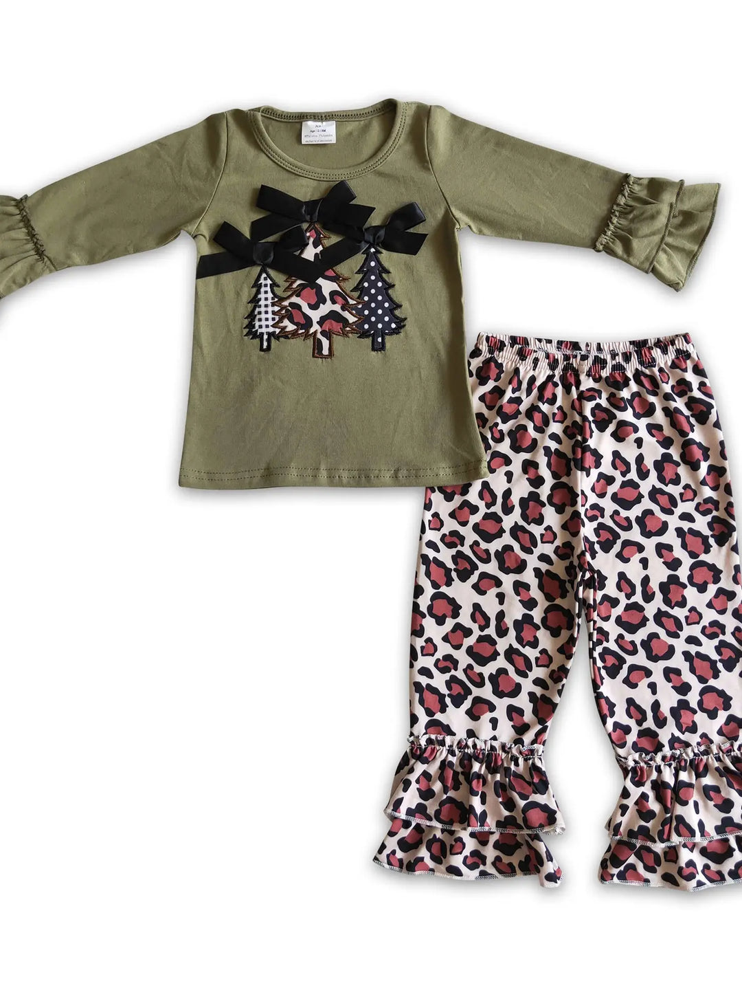 Christmas Tree Embroidery Olive Shirt Leopard Pants Set