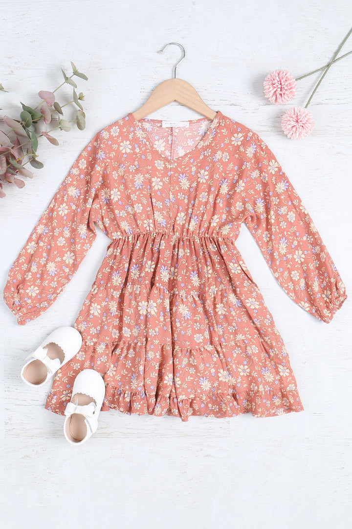 Girls Floral Long Sleeve Tiered Dress