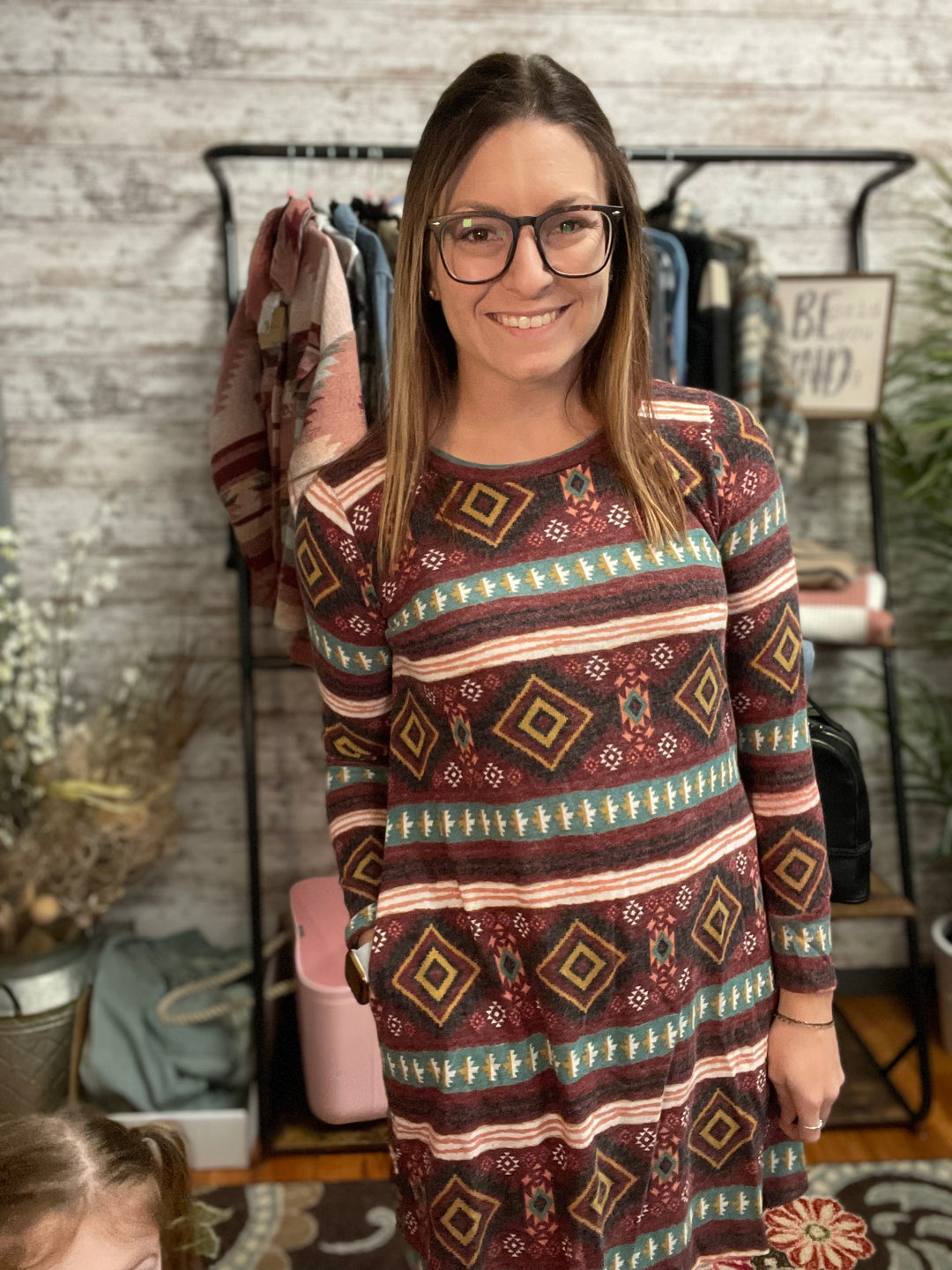 Long Sleeve Aztec Print Sweater Dress