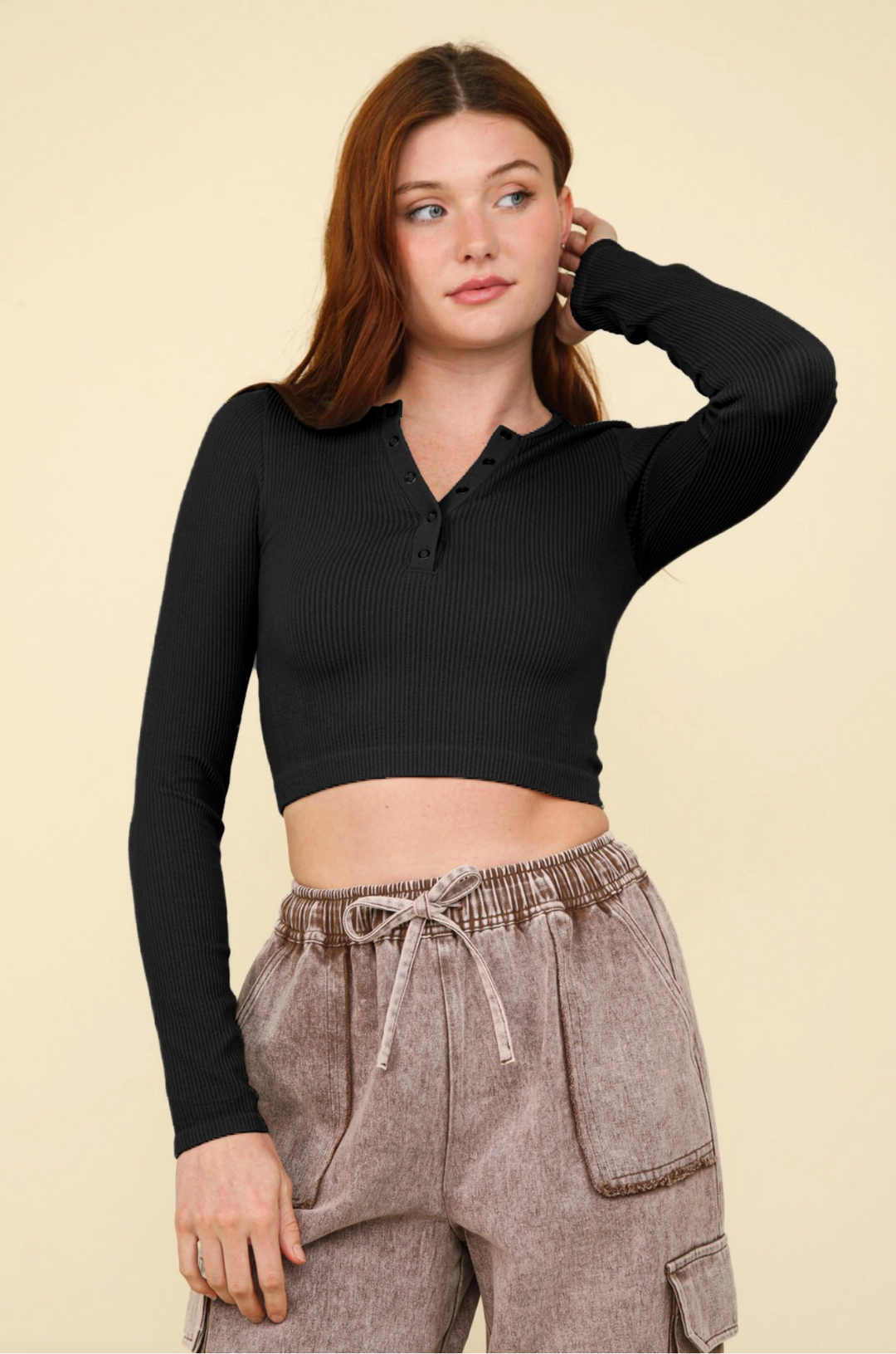 Fitted Crop Henley Knit Top