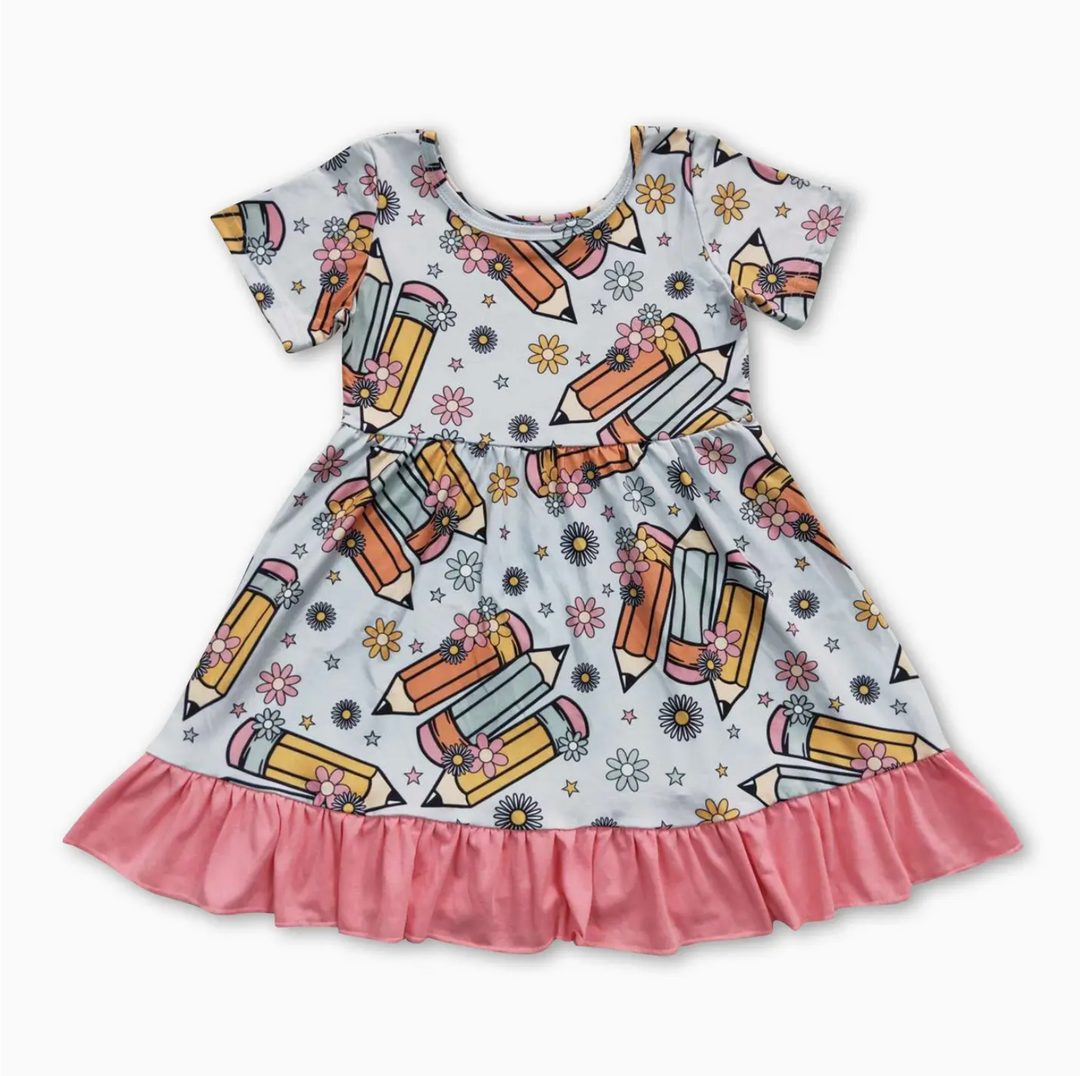 Pencil Flower Short Sleeves Girls Back To School Dress