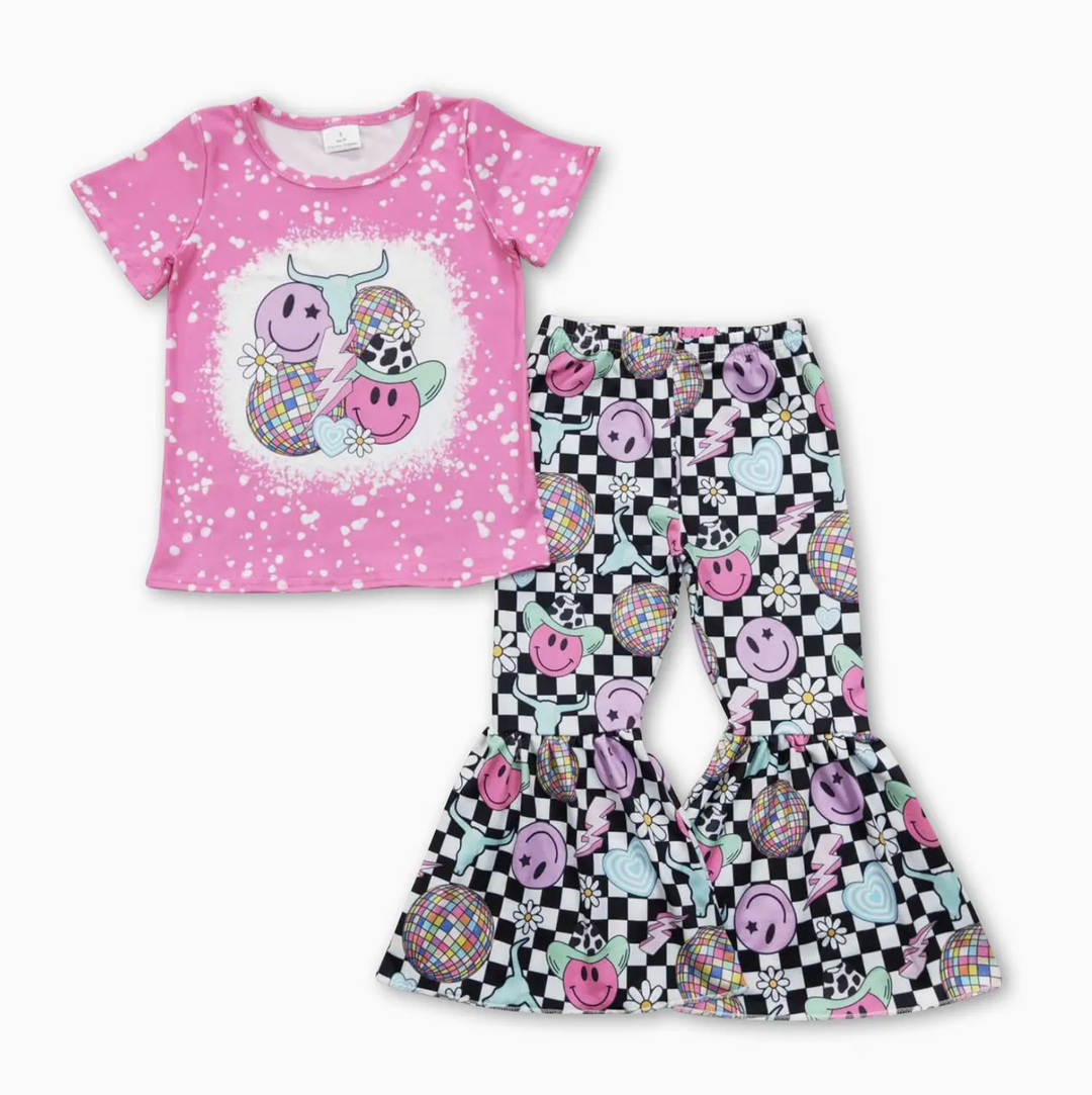 Bull Skull Smile Top Plaid Bell Bottom Pants Girls