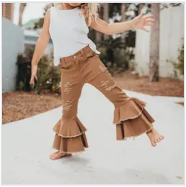 Kids Khaki Denim Double Ruffle Pant Jeans