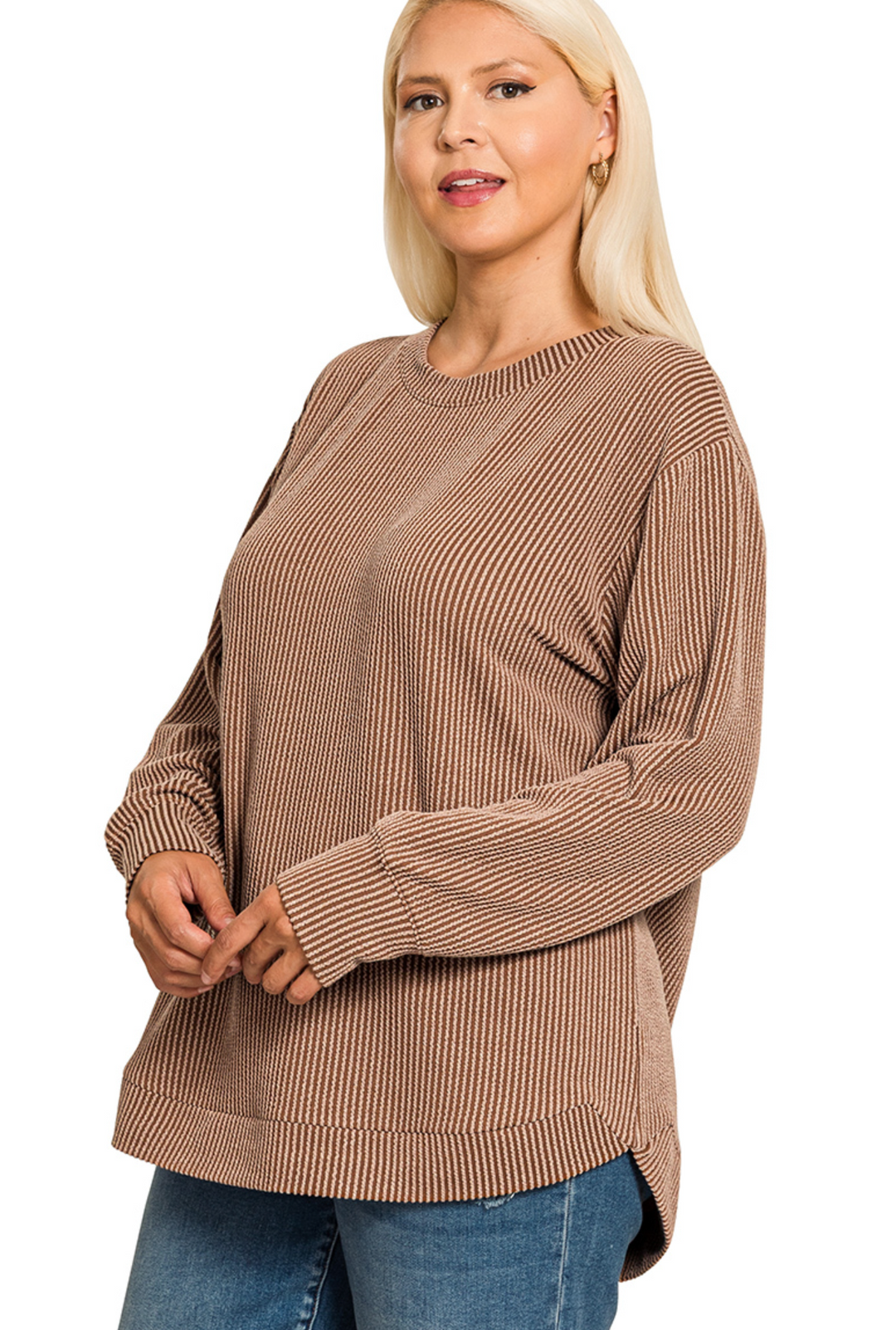 Raised Rib Round Neck Long Sleeve Top