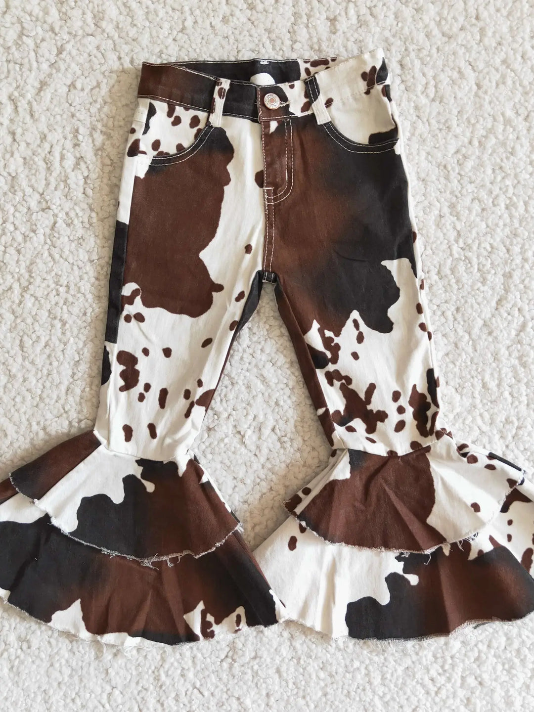 Cow Print Girls Denim Ruffle Pants