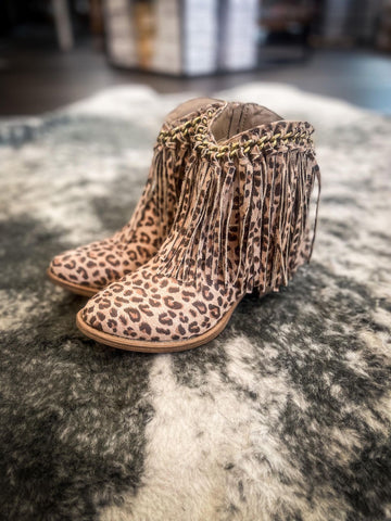 Leopard fringe booties store