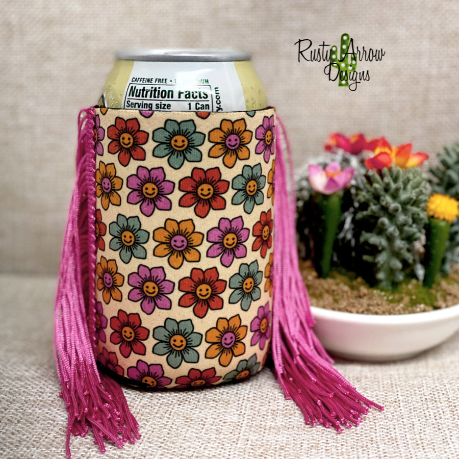 Retro Happy Flowers Fringe Koozie
