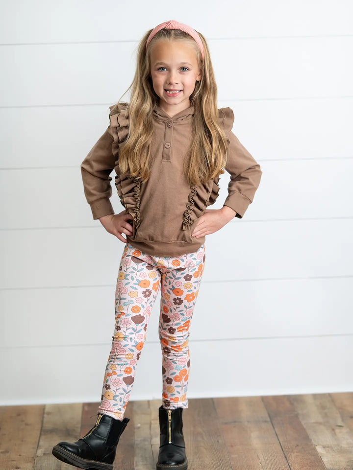 Kids Chocolate Ruffle Hoodie & Fall Floral Pant Set