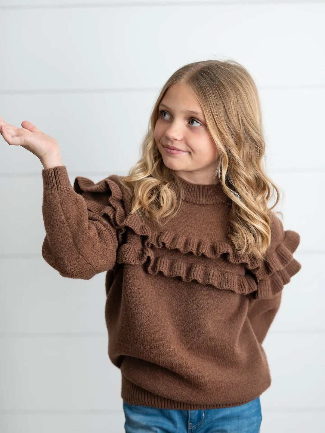 Kids Double Ruffle Crew Neck Fall Winter Sweater
