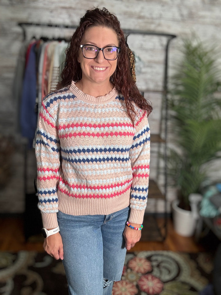 Stripe Eyelet Patterned Drop Shoulder Sweater