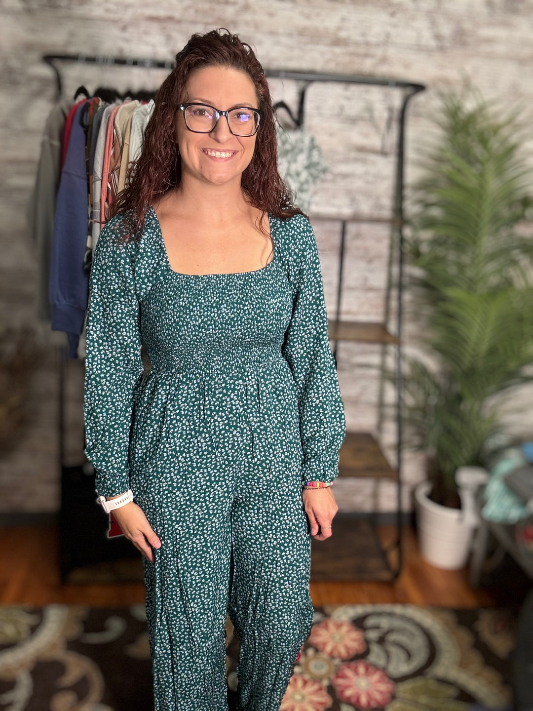 Floral Smocked Bodice Wide Leg Jumpsuit
