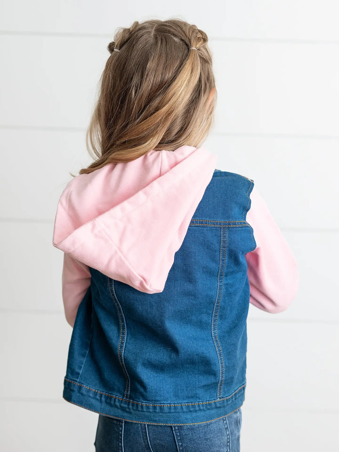 Kids Pink Hooded Denim Button Fall Winter Jacket