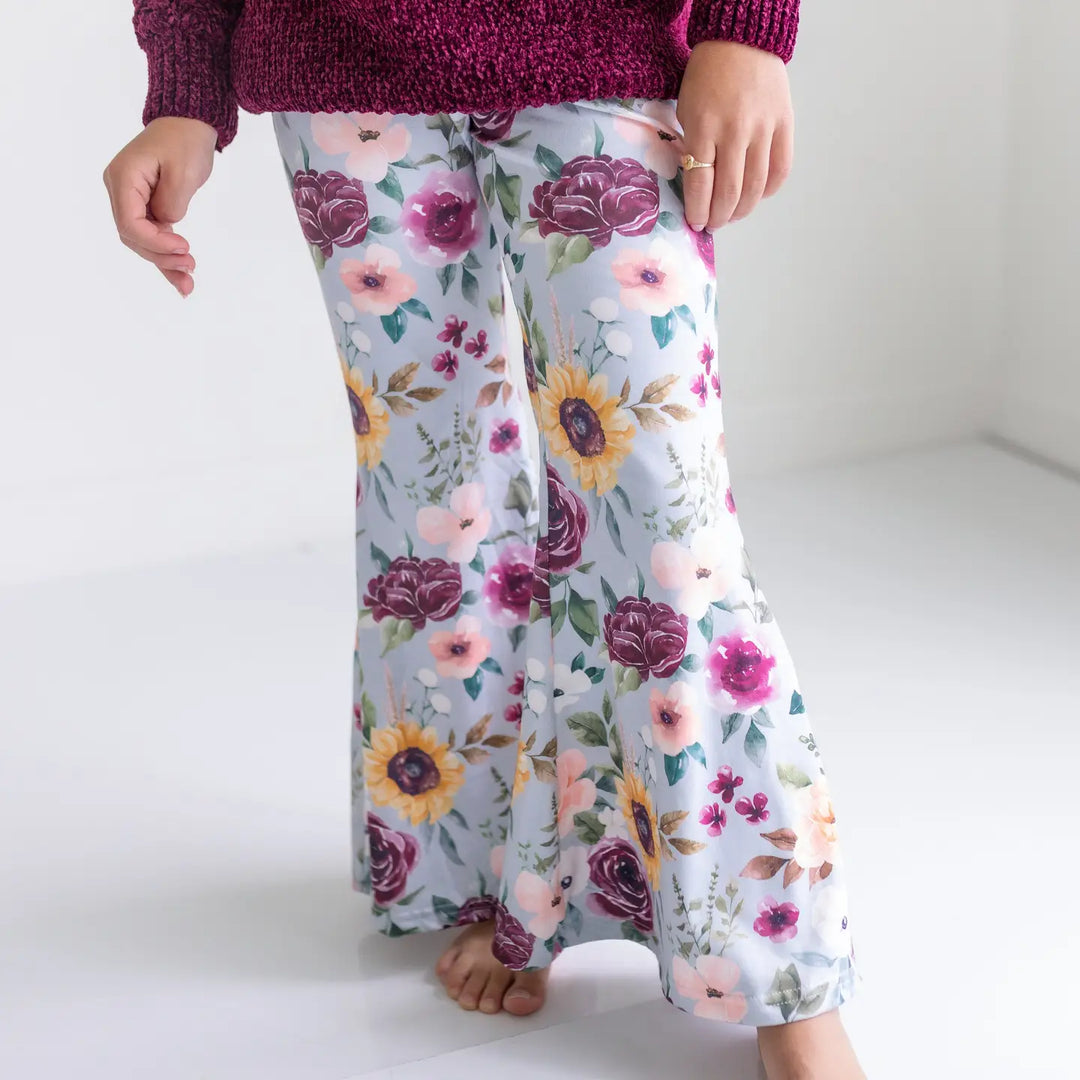 Kids Long Sleeve Plum Sweater & Sage Floral Bell Bottom Set