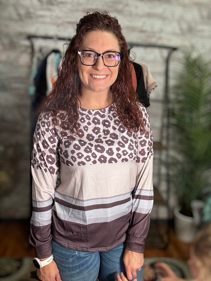 Brown Leopard Color Block Crewneck Long Sleeve Top