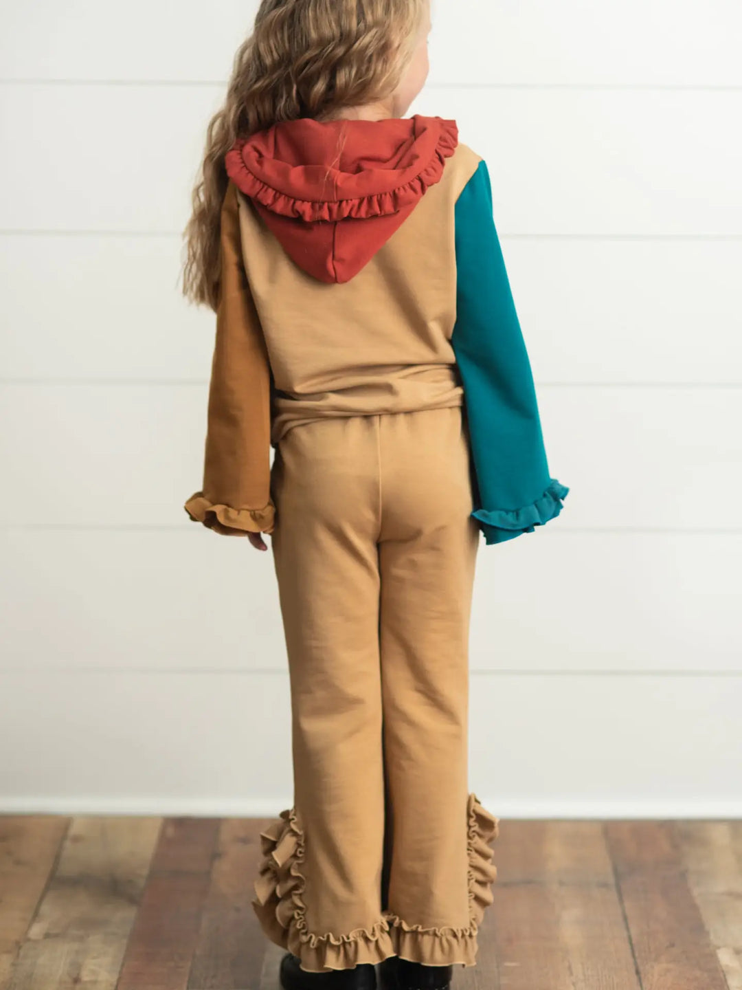 Kids Rust & Brown Color Block Hooded Ruffle Pocket Fall Set