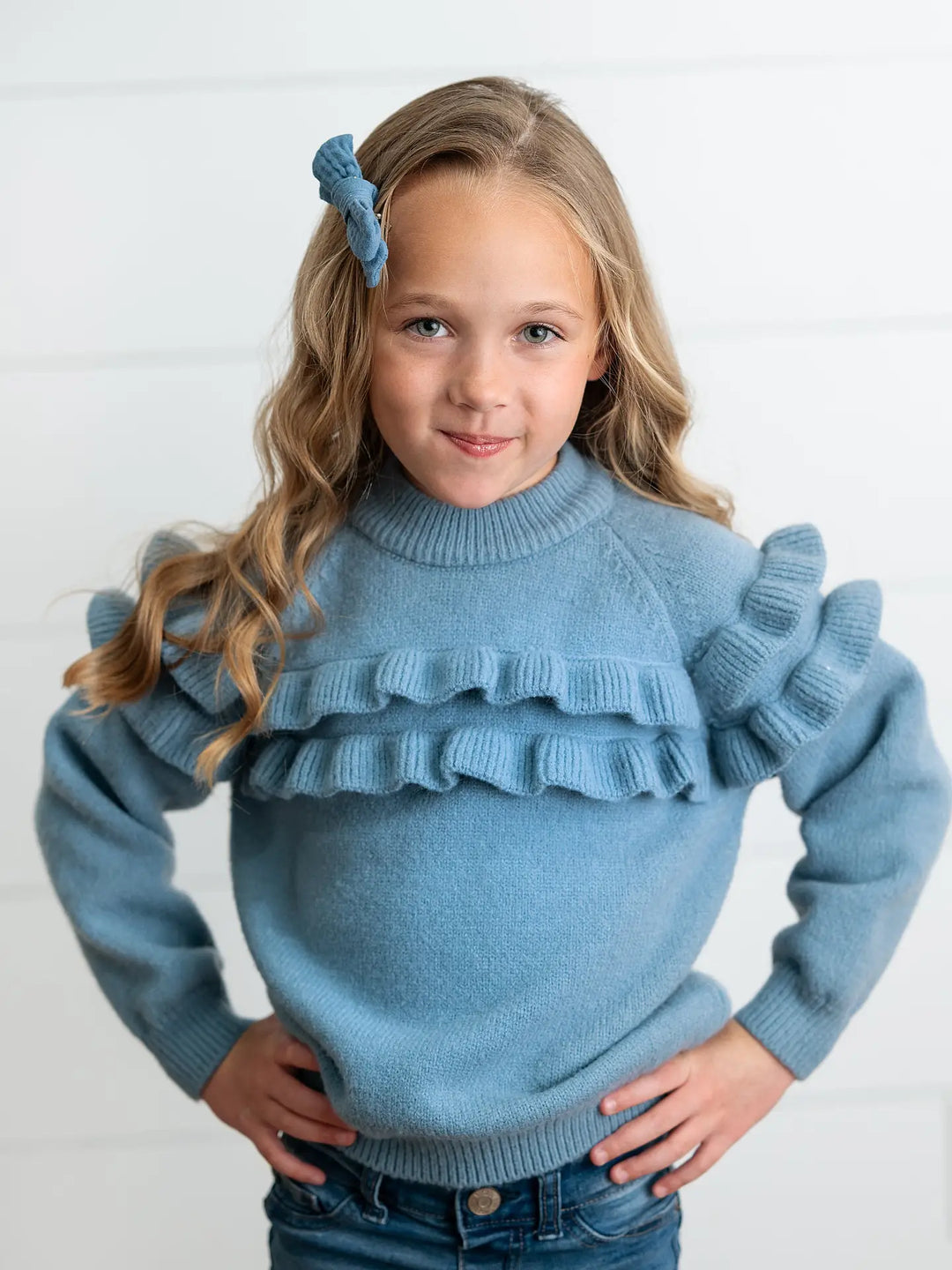 Kids Double Ruffle Crew Neck Fall Winter Sweater