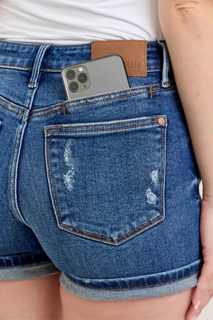Judy Blue Mid Rise Cell Phone Pocket Destroy and Cuff Dad Shorts
