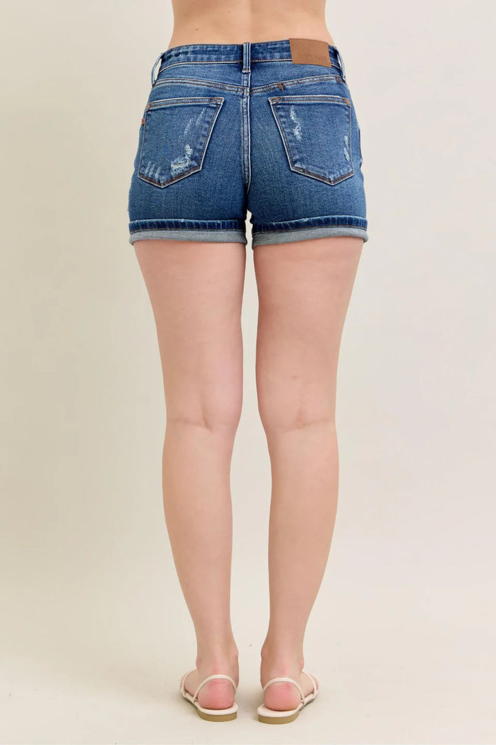 Judy Blue Mid Rise Cell Phone Pocket Destroy and Cuff Dad Shorts