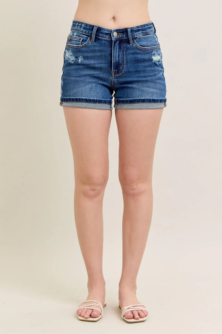 Judy Blue Mid Rise Cell Phone Pocket Destroy and Cuff Dad Shorts