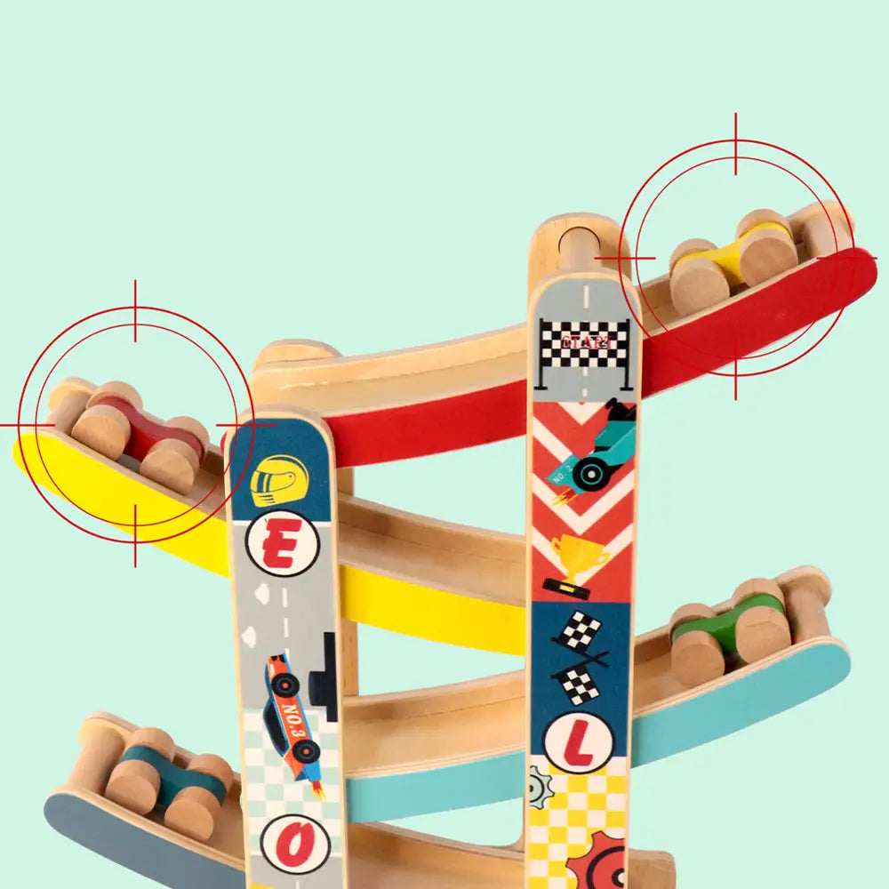 Wooden Ramp Racer Track with 4 Race Cars