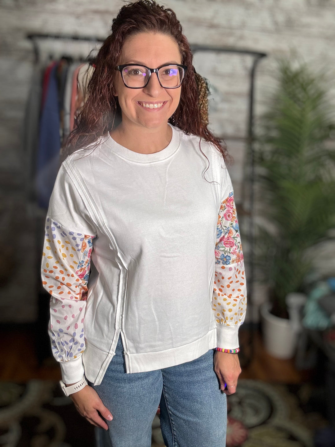 Floral Dotted Patchwork Sleeve High Low Sweatshirt