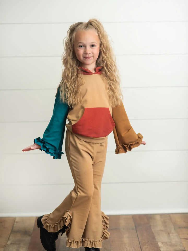 Kids Rust & Brown Color Block Hooded Ruffle Pocket Fall Set