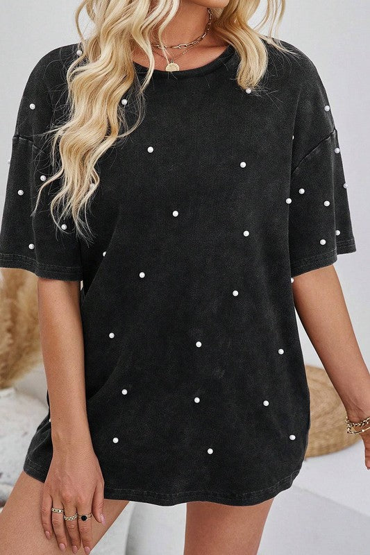 Pearl Beaded Drop Shoulder Crewneck T Shirt