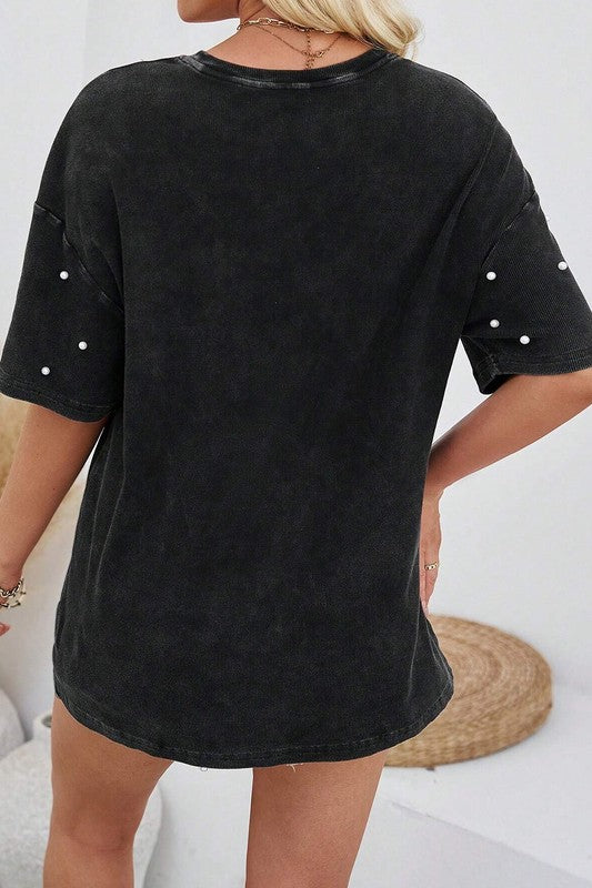 Pearl Beaded Drop Shoulder Crewneck T Shirt