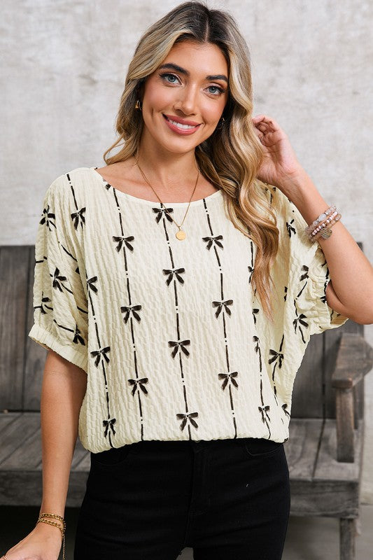 Bow Print Puff Short Sleeve Top