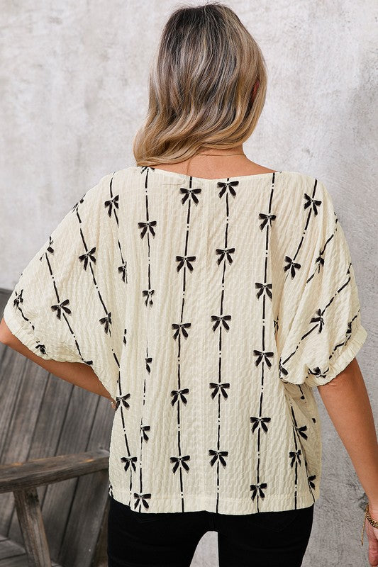 Bow Print Puff Short Sleeve Top
