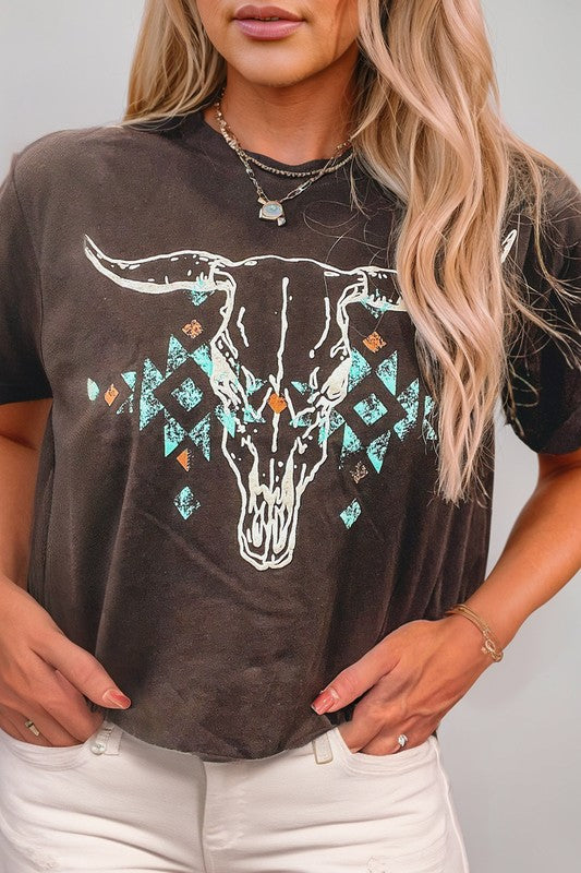 Vintage Western Bull Head Aztec Graphic T Shirt