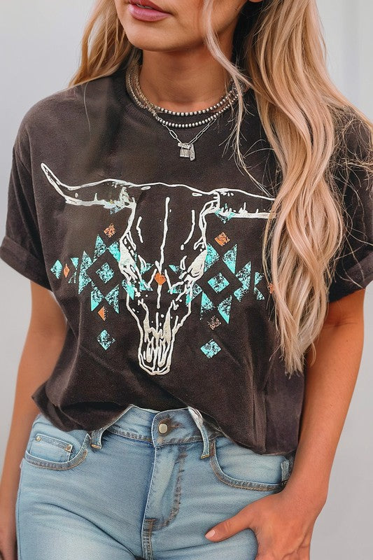 Vintage Western Bull Head Aztec Graphic T Shirt