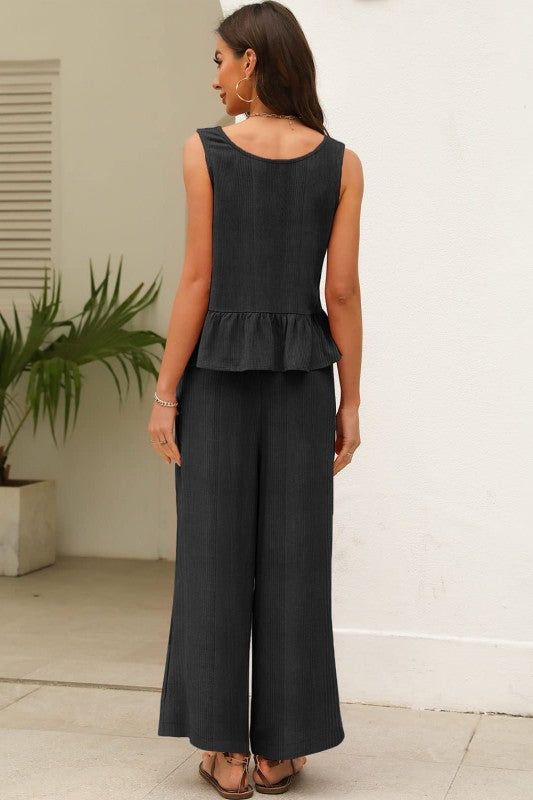 Ribbed Ruffle Tank Top And Pants Set
