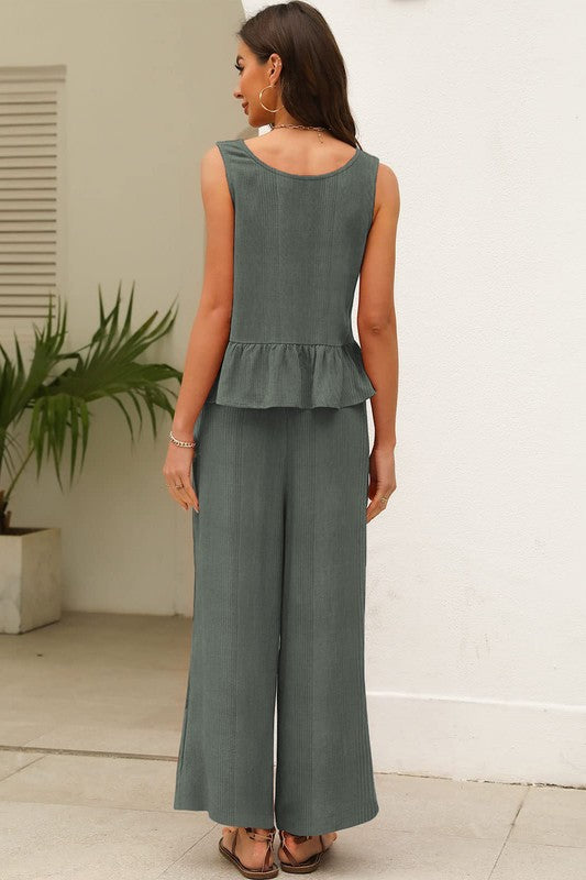 Ribbed Ruffle Tank Top And Pants Set