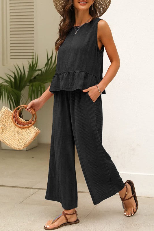 Ribbed Ruffle Tank Top And Pants Set