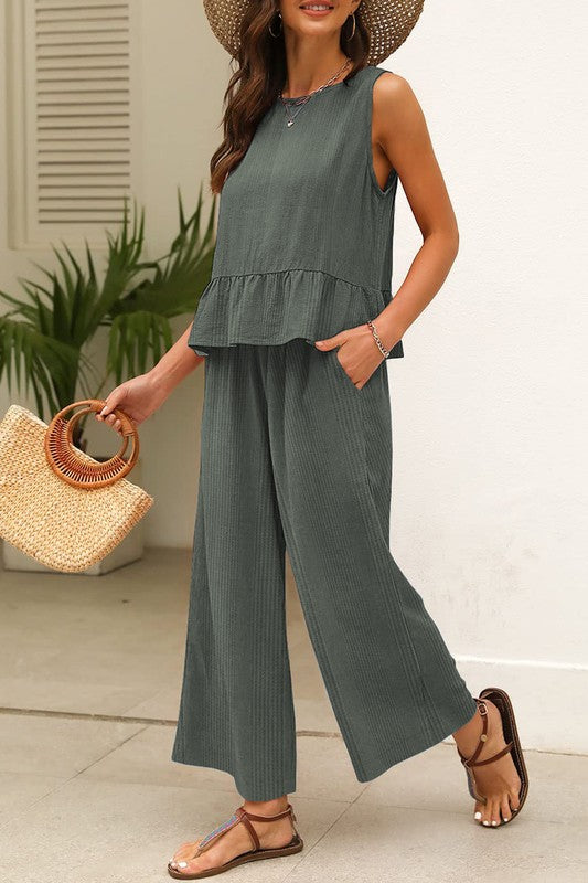 Ribbed Ruffle Tank Top And Pants Set