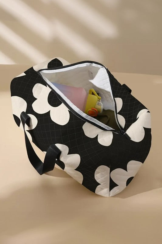 Black Flower Print Quilted Large Duffel Bag