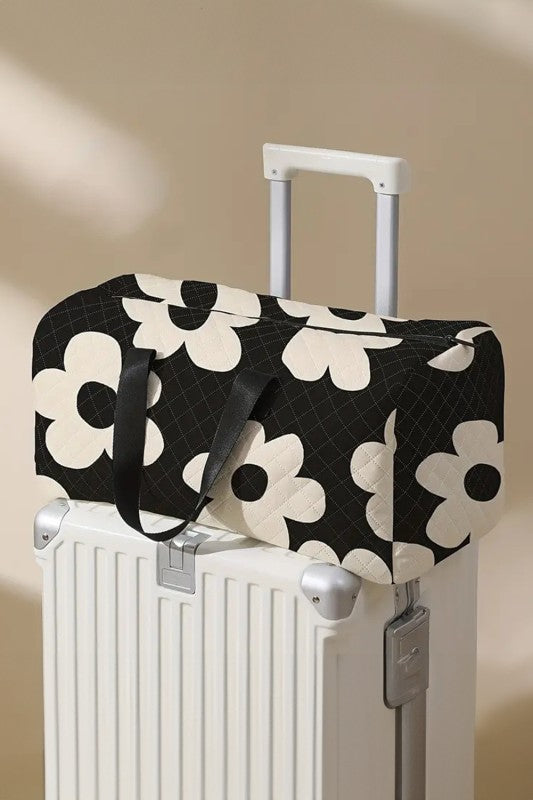 Black Flower Print Quilted Large Duffel Bag