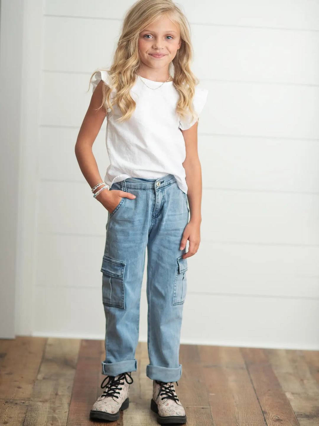 Kids Light Wash Faded Denim Cargo Jean Pant with Pockets