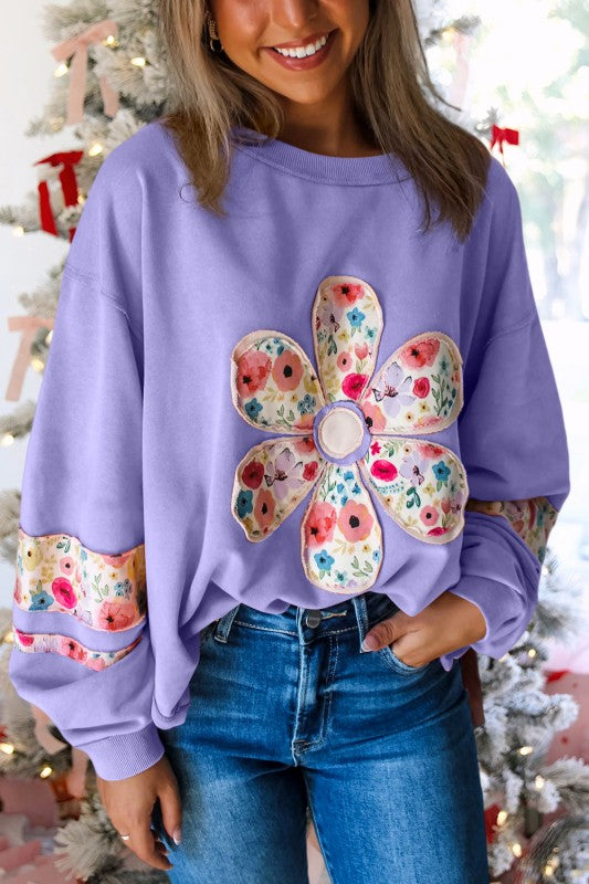 Flower Applique Patchwork Pullover Sweatshirt