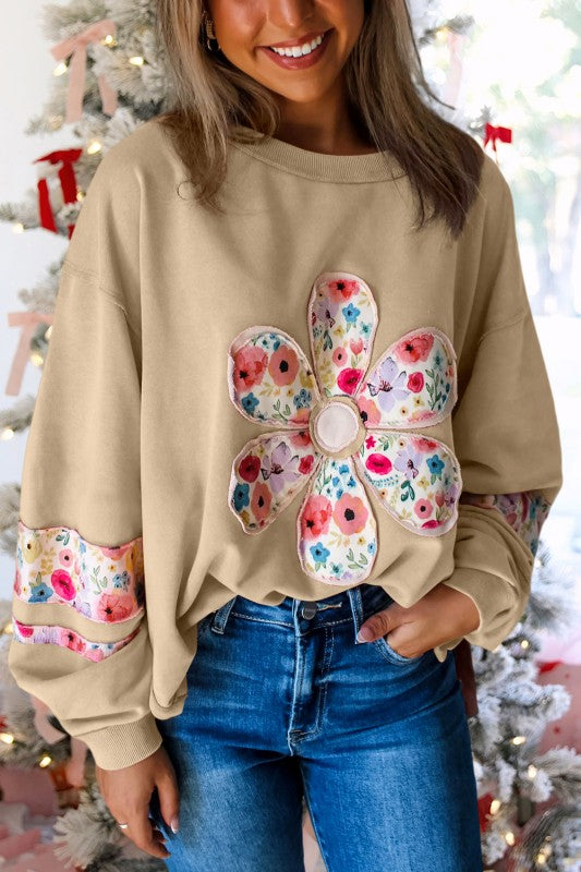 Flower Applique Patchwork Pullover Sweatshirt