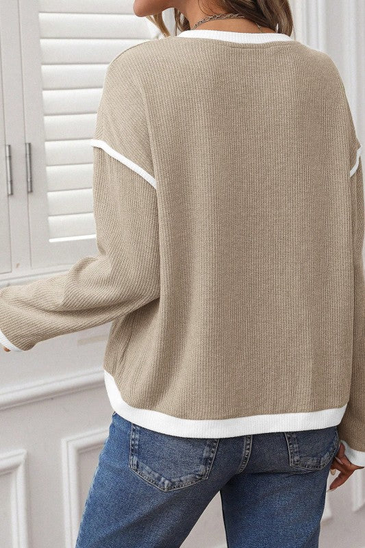 Contrast Color Trim Knit Loose Sweater