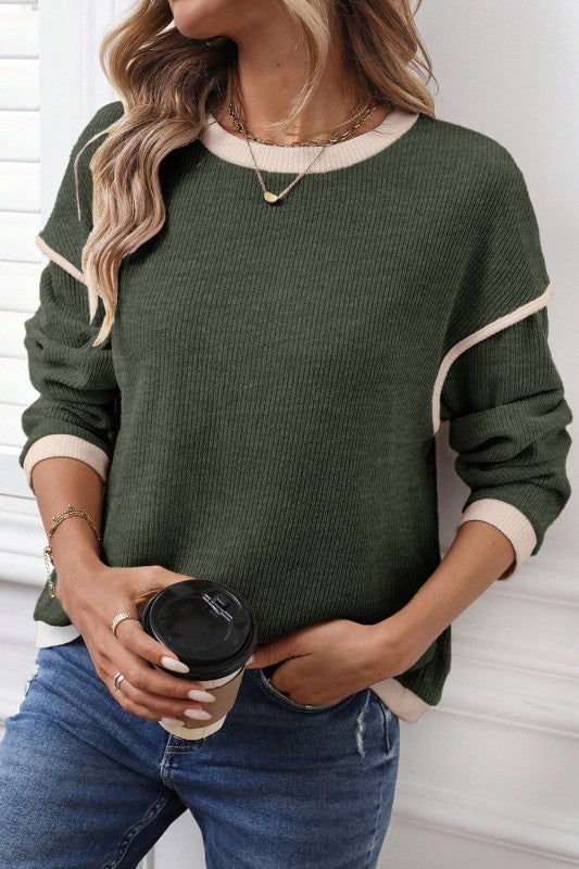 Contrast Color Trim Knit Loose Sweater