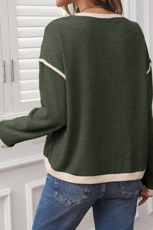 Contrast Color Trim Knit Loose Sweater