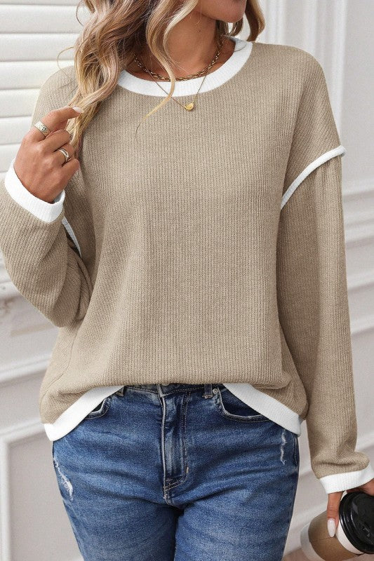 Contrast Color Trim Knit Loose Sweater