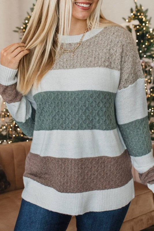 Mixed Texture Knit Striped Color Block Sweater