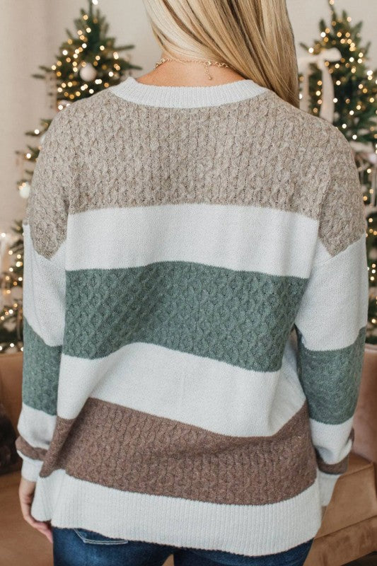 Mixed Texture Knit Striped Color Block Sweater