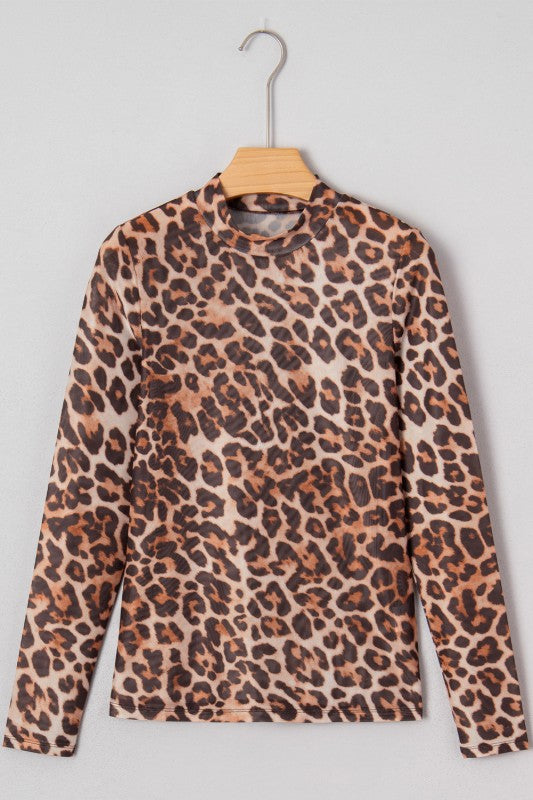 Leopard Mock Neck Long Sleeve Mesh Top