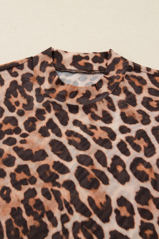 Leopard Mock Neck Long Sleeve Mesh Top