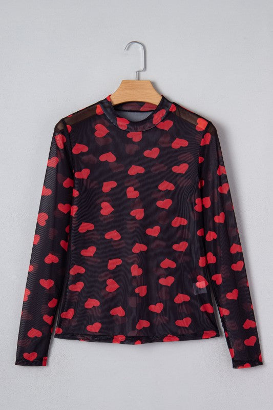 Valentines Heart Sheer Mesh Long Sleeve Top